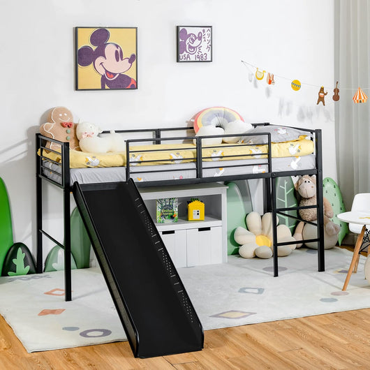 Letto Singolo a Soppalco, Struttura Letto con 4 Barriere di Sicurezza, Scala a 2 Gradini e Scivolo, Mini Struttura del Letto per Bambini, Capacità di Carico 150 kg (Nero)