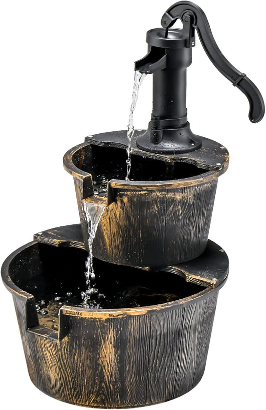 Fontana da Giardino a 2 Livelli, Fontana Rustica con Pompa Regolabile e Ricircolo di Acqua, Fontanella per Giardino Prato e Terrazza, 45,5 x 41 x 68 cm, Bronzo Antico