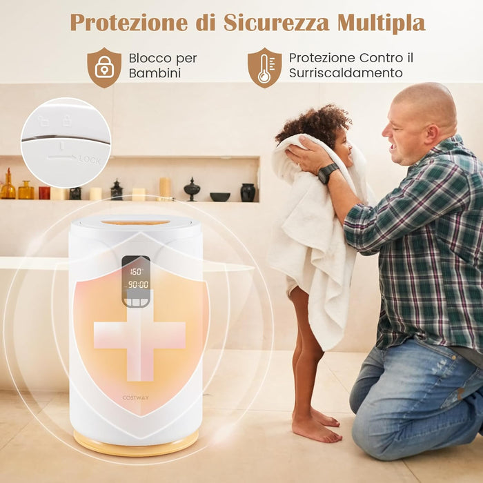Scaldasalviette Secchio 20L con Luce LED, Secchio Scaldasalviette Elettrico per Bagno e Spa, Scalda Asciugamani con Timer, Blocco per Bambini, per 2 Asciugamani, Bianco