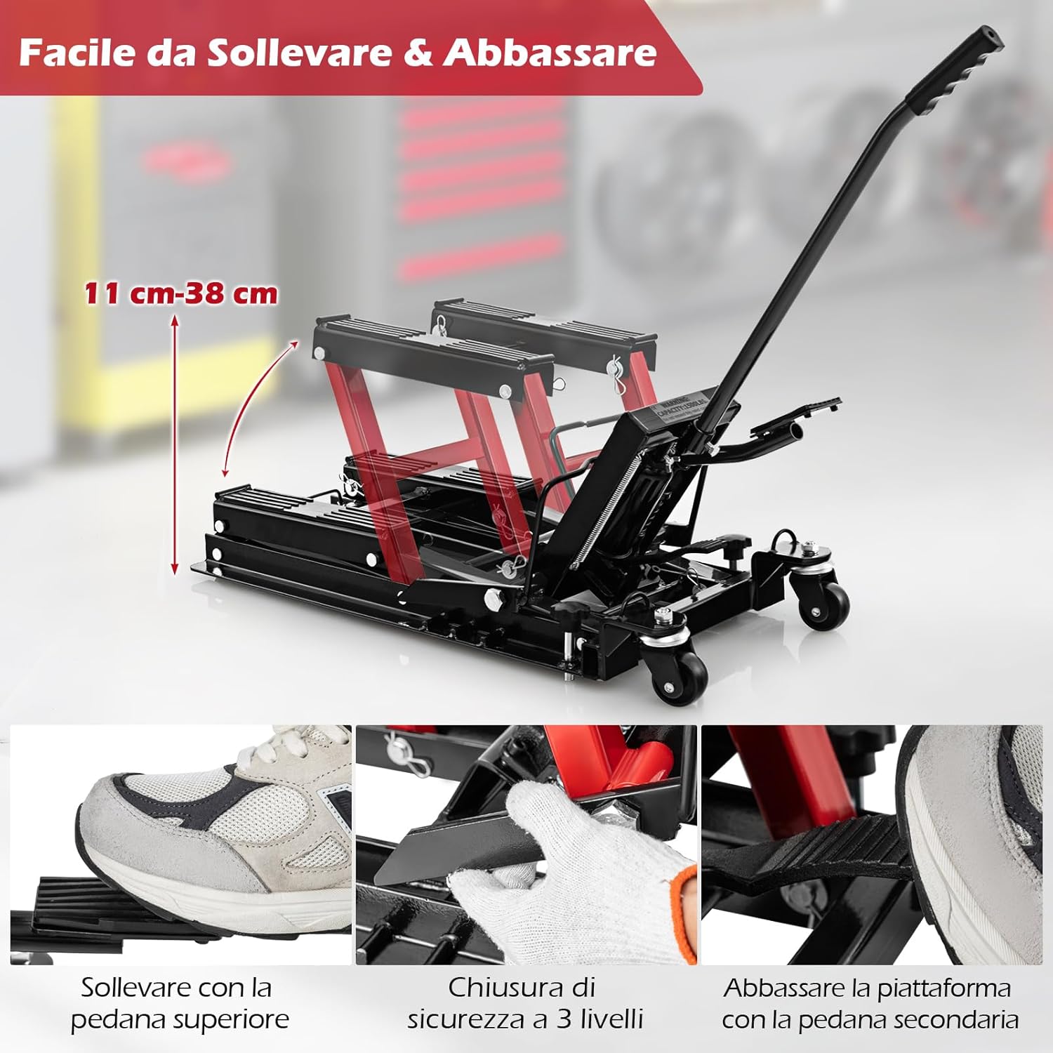 Ponte Sollevatore Idraulico per Moto, Sollevatore Motociclette Fino a 680 kg, Cric Alzamoto con Ruote e Piattaforma Regolabile in Altezza a Pedale Resistente per ATV, UTV per Officina (Rosso)