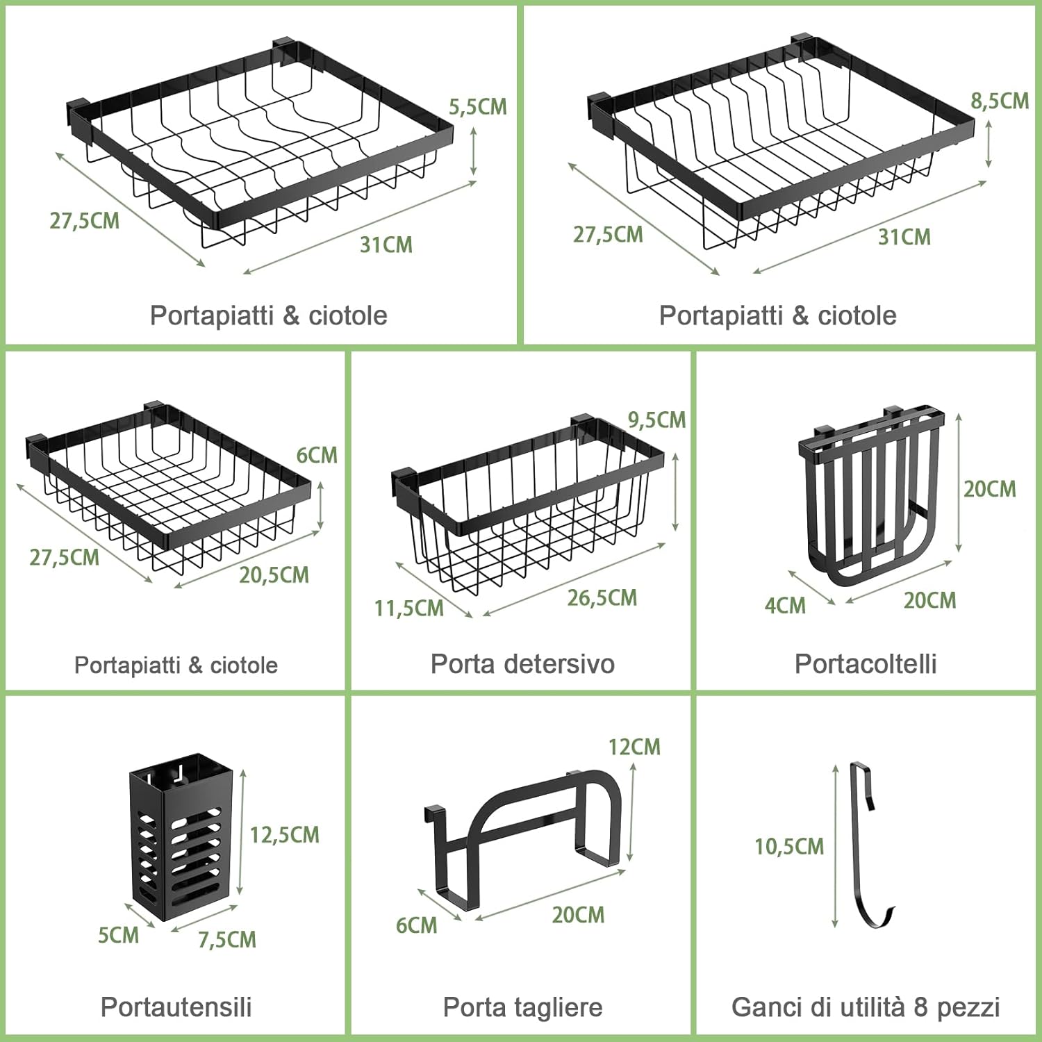 Scolapiatti sul Lavandino, Scolapiatti a 2 Livelli Regolabile per Riporre i Piatti e Utensili da Cucina, con 4 Cestini e 8 Ganci, Carico Massimo: 50 kg