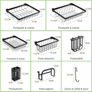 Scolapiatti sul Lavandino, Scolapiatti a 2 Livelli Regolabile per Riporre i Piatti e Utensili da Cucina, con 4 Cestini e 8 Ganci, Carico Massimo: 50 kg