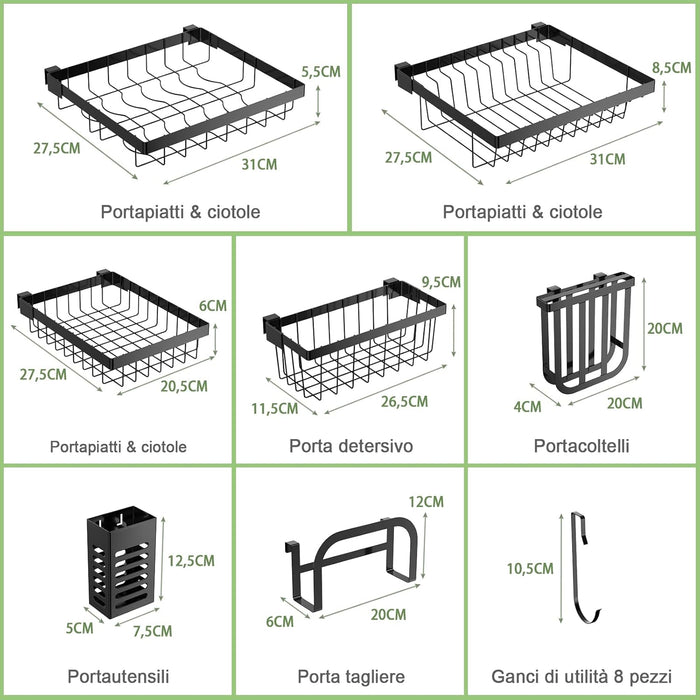 Scolapiatti sul Lavandino, Scolapiatti a 2 Livelli Regolabile per Riporre i Piatti e Utensili da Cucina, con 4 Cestini e 8 Ganci, Carico Massimo: 50 kg
