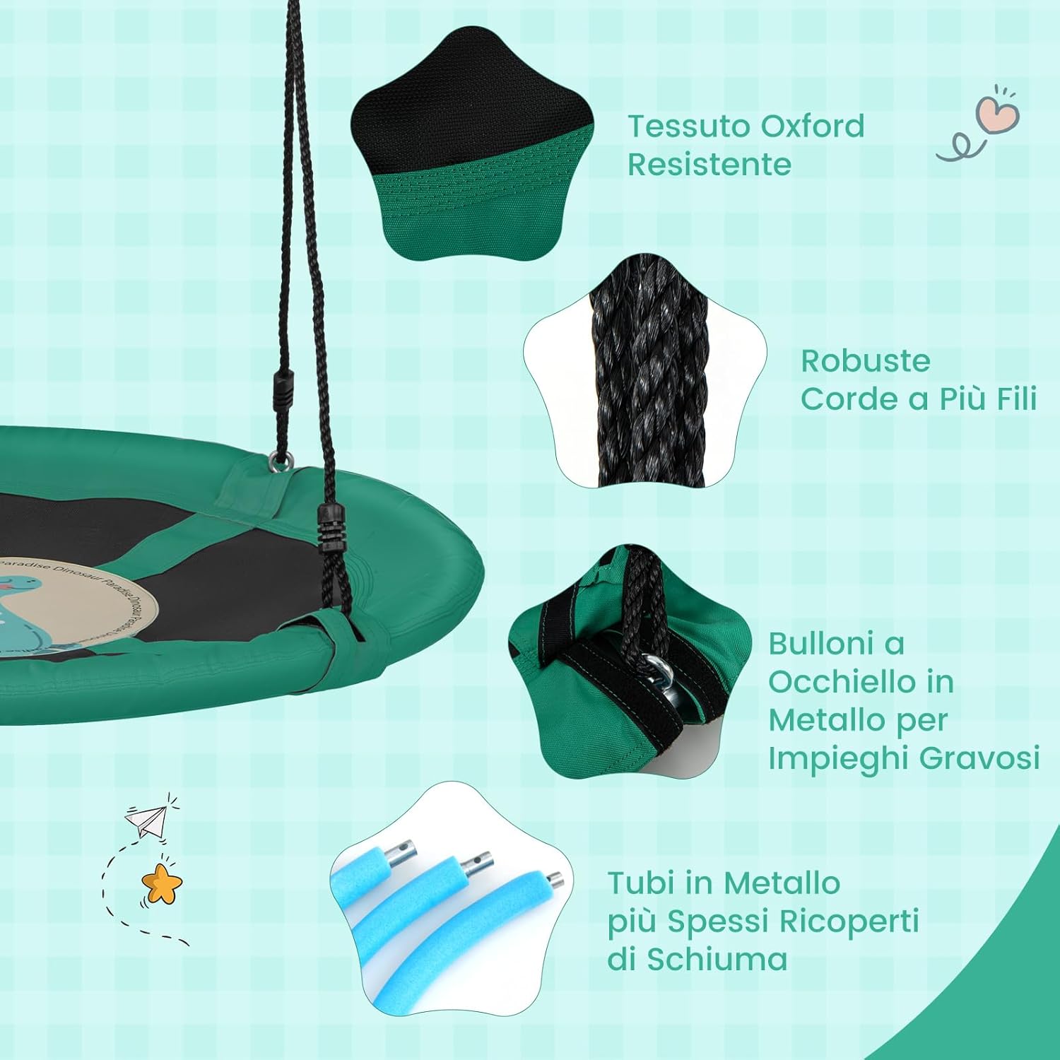 Altalena a Cerchio da 102 cm, Altalena a Nido con Corde Regolabili e Moschettoni, Tessuto Oxford Impermeabile, Altalena Rotonda da Esterno con Rotazione a 360Â° per Bambini(Verde)