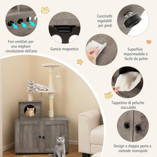 Tiragraffi per Gatti Adulti con Rifugio ad Ante Nascosto, Torre per Gatti con Cuccia, Piattaforma, Cuscini e Tiragraffi, Albero per Animali Grandi Alto in Legno, 77,5 x 49 x 132 cm (Grigio)