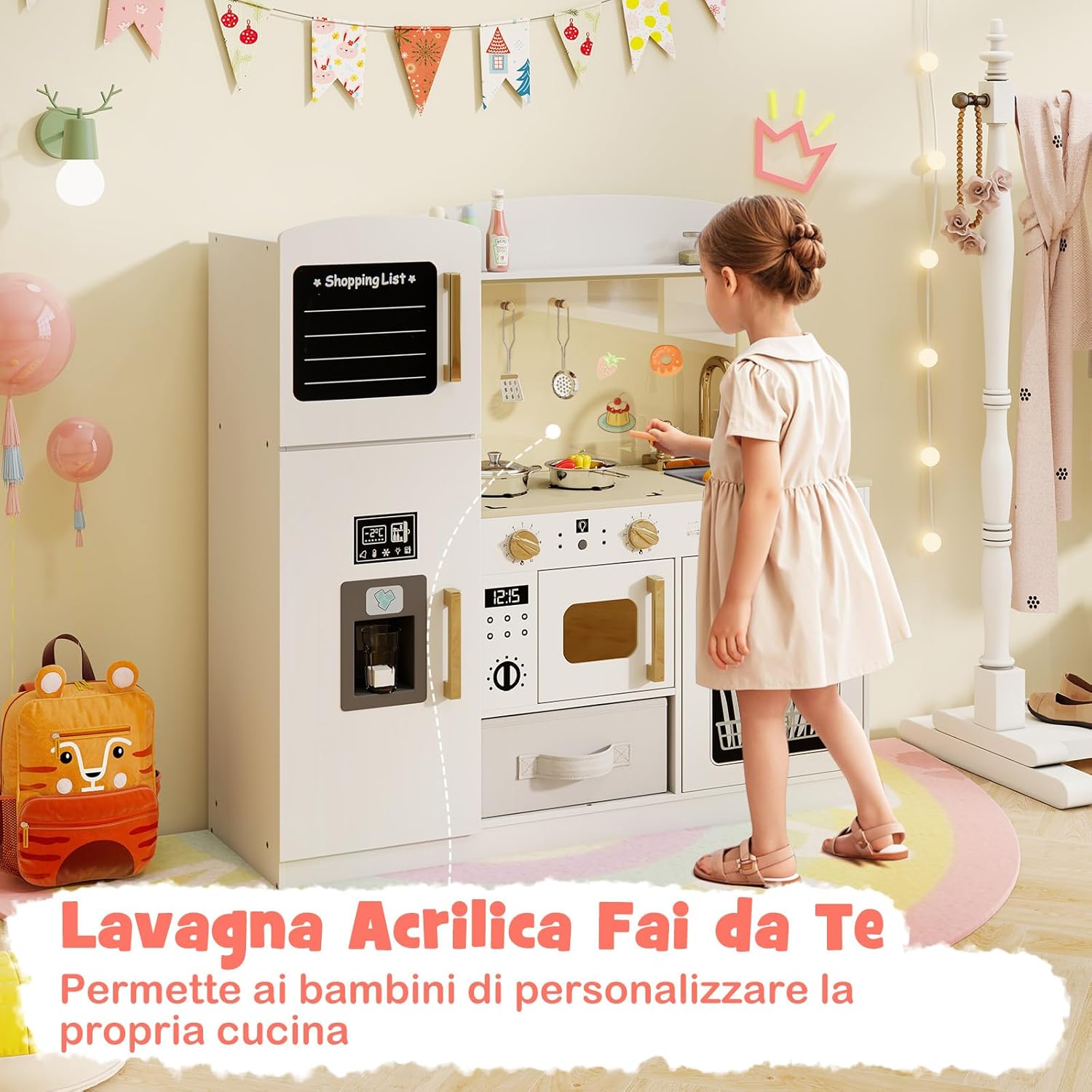 Cucina Giocattolo con Macchina del Ghiaccio e Microonde con Luce, Cucina per Bambini in Legno con 2 Lavagne, Lavandino e Cassetto in Tessuto, Set Cucina con 9 Accessori, 86 x 27 x 83 cm