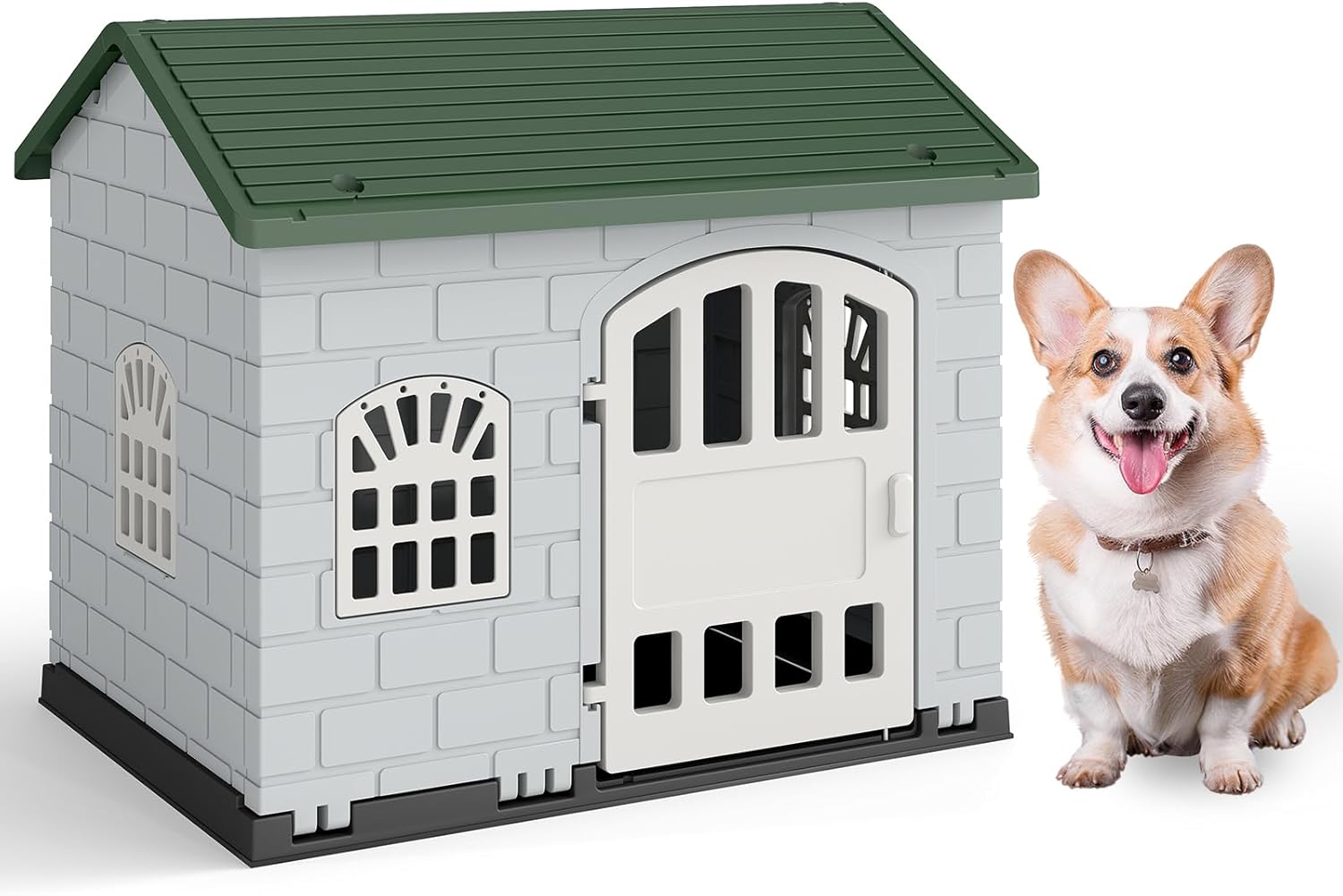 Cuccia per Cani da Esterno ed Interno, Cassetta per Cani con Porta Bloccabile, 3 Finestre e Tetto Inclinato, Cucce per Cagnolino in Plastica Impermeabile (Verde)
