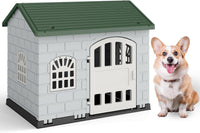 Cuccia per Cani da Esterno ed Interno, Cassetta per Cani con Porta Bloccabile, 3 Finestre e Tetto Inclinato, Cucce per Cagnolino in Plastica Impermeabile (Verde)