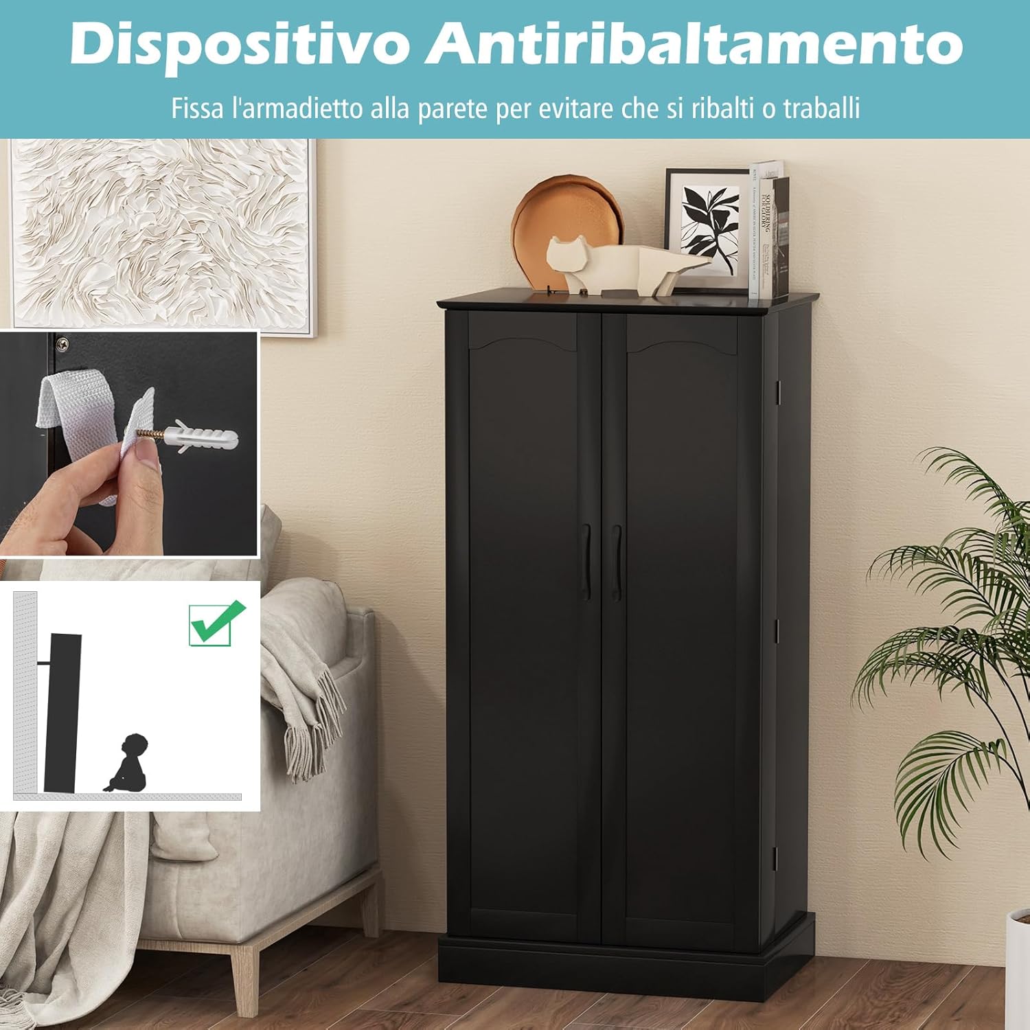 Credenza da Cucina, Mobile da Cucina Moderno con 6 Ripiani Regolabili, per Cucina, Sala da Pranzo e Soggiorno, 60 x 40 x 120 cm (Nero)