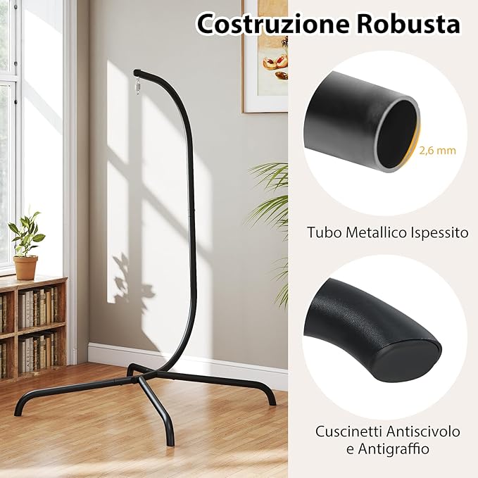 Supporto per Amaca a C, Base per Sedia Sospesa in Metallo Pesante con Gancio a Molla e Rotazione a 360°, Telaio per Amaca per Interni ed Esterni, Portata 180 kg