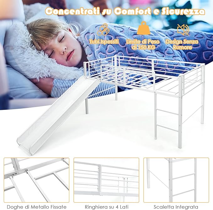 Letto Singolo a Soppalco, Struttura Letto con 4 Barriere di Sicurezza, Scala a 2 Gradini e Scivolo, Mini Struttura del Letto per Bambini, Capacità di Carico 150 kg (Bianco)