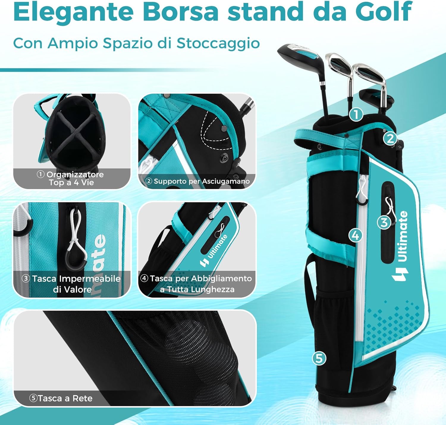 Set di Mazze da Golf per Bambini 5-7 Anni, Set Allenamento Golf con Sacca, Fodera Impermeabile, Legno di Fairway 3, Ferro 7, Ferro S e Putter per Bambini e Bambine, Destrorso