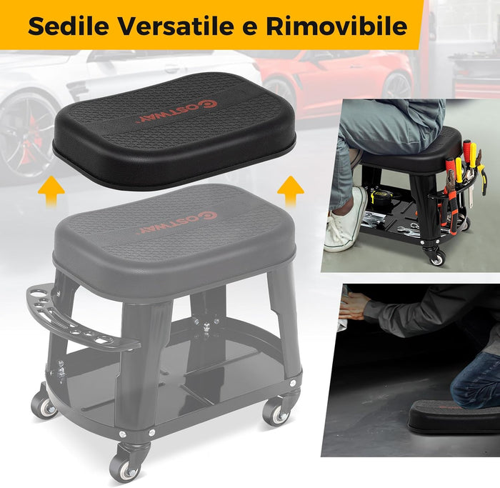 Sgabello da Officina con Ruote Universali e Vassoio Porta Attrezzi, Sgabello Meccanico con Maniglia Porta Utensili, Sedia da Garage con Sedile Rimovibile, Portata di 136 kg, 44 x 27 x 35 cm