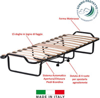 Qualydorm Letto branda  Pieghevole in Ferro antiruggine con Ruote;  doghe in Legnoe; Materassoin WaterFoam
