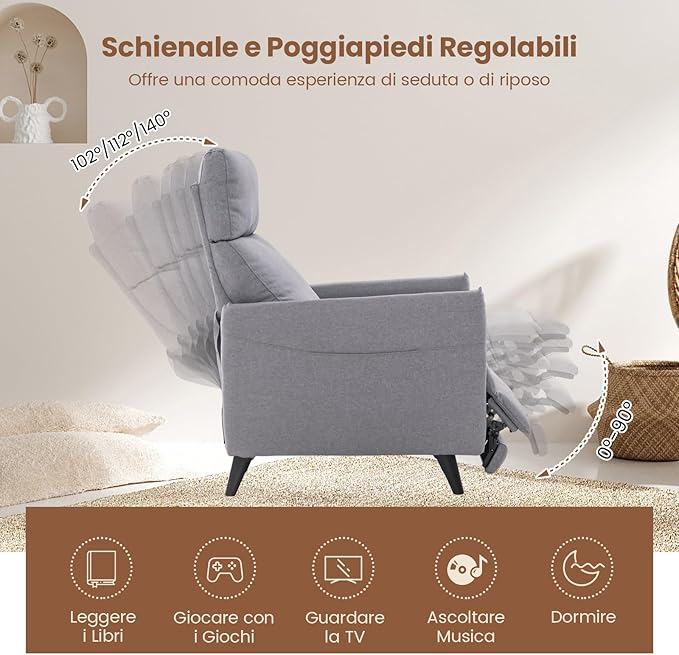 Poltrona Reclinabile, Poltrona in Tessuto di Lino con Schienale e Poggiapiedi Regolabili, Sedile Morbido Imbottito, 2 Tasche, per Soggiorno Camera da Letto, Carico 120 kg (Grigio chiaro)