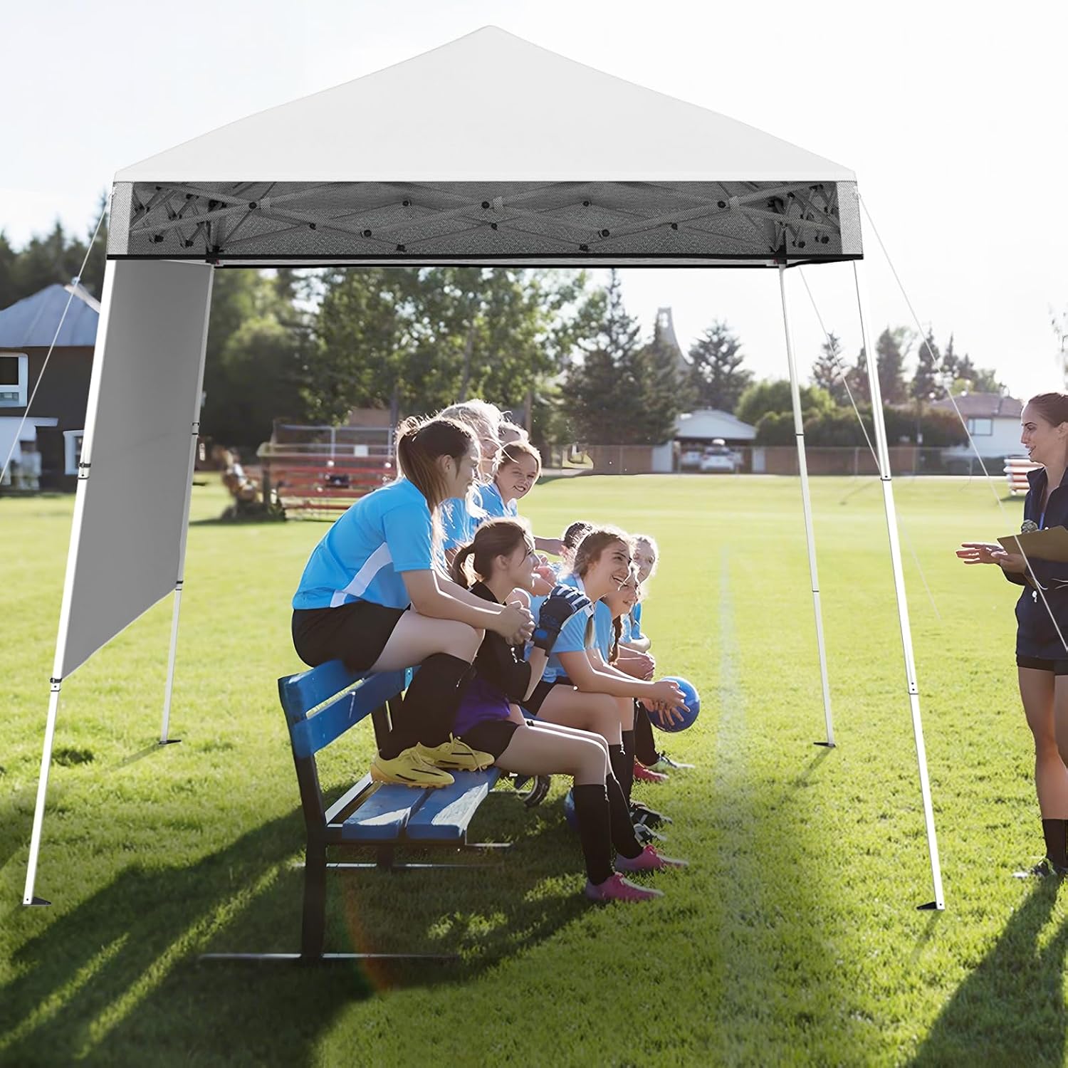 Gazebo Pop-up da Esterno 182 x 182 cm, Gazebo Pieghevole con 1 Parete Laterale, Gambe Inclinabili Regolabili e 4 Picchetti, Tendone Impermeabile per Feste, Campeggio e Picnic (Bianco)