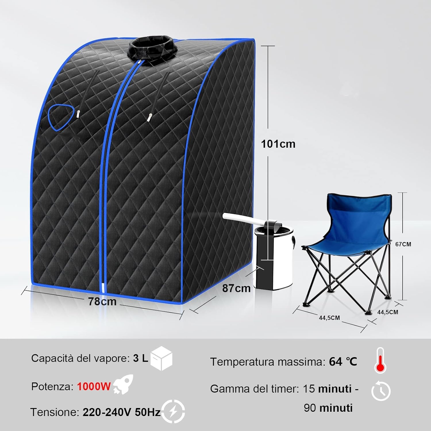 1000 W Sauna a Vapore Portatile con Telecomando, Sauna Domestica Bagno di Vapore con Sedia, Sauna Spa 3L, Funziona Timer 15-90 min (Nero)