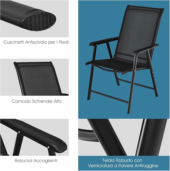 Set di 2 Sedie Pieghevoli, Sedia da Esterno con Struttura in Ferro Resistente, Con Braccioli, Ideale per Campeggio Spiaggia, 68 x 59 x 93cm (Nero)