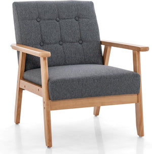 Poltrona Moderna, Sedia con Braccioli Imbottita e Rivestita in Lino Traspirante, Telaio in Legno Massiccio di Gomma, Sedia Divano Imbottita per Soggiorno, Camera da Letto, Studio