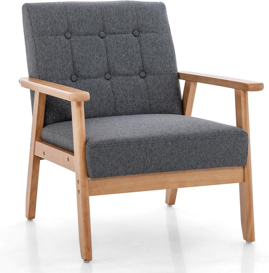 Poltrona Moderna, Sedia con Braccioli Imbottita e Rivestita in Lino Traspirante, Telaio in Legno Massiccio di Gomma, Sedia Divano Imbottita per Soggiorno, Camera da Letto, Studio