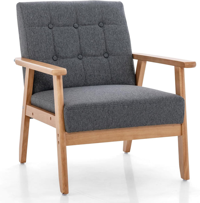 Poltrona Moderna, Sedia con Braccioli Imbottita e Rivestita in Lino Traspirante, Telaio in Legno Massiccio di Gomma, Sedia Divano Imbottita per Soggiorno, Camera da Letto, Studio