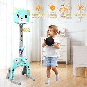 Canestro da Basket, Centro Attività 3 in 1 per Bambini, Canestro da Basket con Porta da Calcio e Gioco degli Anelli, Set Basket e Calcio a Forma di Orso, Ideale per Bambini (Verde)
