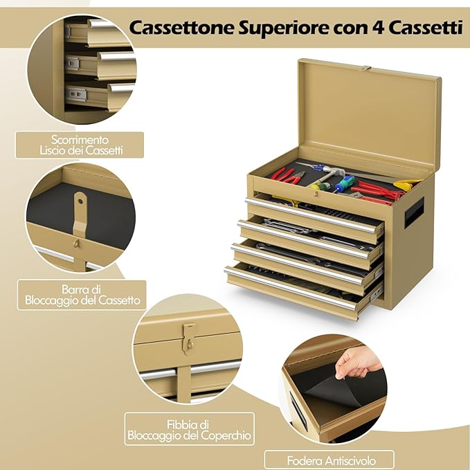 Cassettiera Portautensili a 4 Cassetti, Carrello per Attrezzi con Ruote Bloccabili Ripiano Regolabile e Rivestimento Antiscivolo, 59 x 28 x 102 cm (Giallo Deserto)