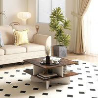 Tavolino da Caffè a 2 Livelli, Tavolo da Salotto con 4 Scomparti per Storage e Base a Croce, Tavolo Moderno per Studio, Ufficio e Soggiorno, Marrone e Bianco