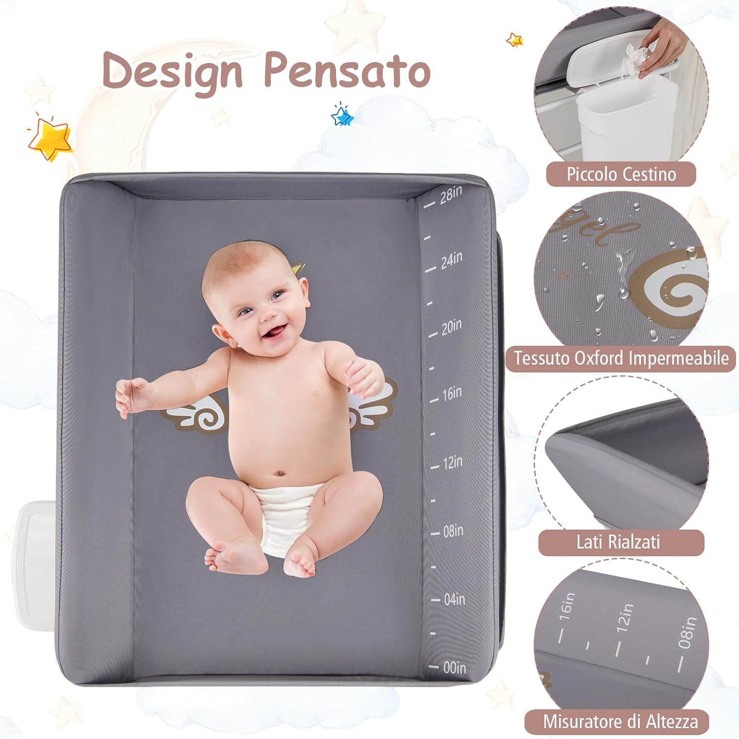 Fasciatoio Neonato Pieghevole, Fasciatoio Portatile con Altezza Regolabile a 3 Livelli, Fasciatoio Neonato con Ruote di Bloccabili, Ripiano, Porta Asciugamani, Cestino di Rifiuti (Grigio)