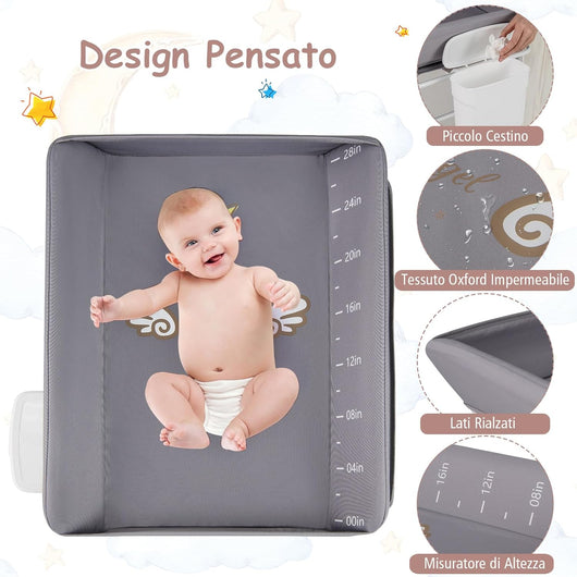 Fasciatoio Neonato Pieghevole, Fasciatoio Portatile con Altezza Regolabile a 3 Livelli, Fasciatoio Neonato con Ruote di Bloccabili, Ripiano, Porta Asciugamani, Cestino di Rifiuti (Grigio)