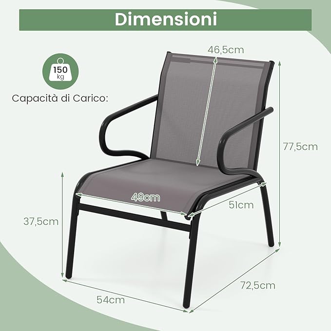 Set di 2 Sedie da Patio con Tessuto Traspirante e Struttura in Metallo, Sedie da Bistro da Esterno con Braccioli, Poltrona per Giardino Terrazza Portico, Portata 150 kg