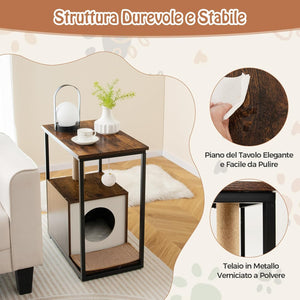 Cuccia per Gatti, Casetta per Gatti con Giocattolo a Palla Pensile e Dispositivo Anti-Ribaltamento, Tavolino Moderno e Multisuo con Case per Gatti, 60 x 36 x 66 cm(Marrone)