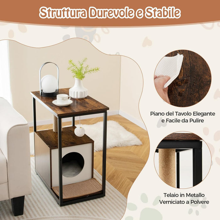 Cuccia per Gatti, Casetta per Gatti con Giocattolo a Palla Pensile e Dispositivo Anti-Ribaltamento, Tavolino Moderno e Multisuo con Case per Gatti, 60 x 36 x 66 cm(Marrone)