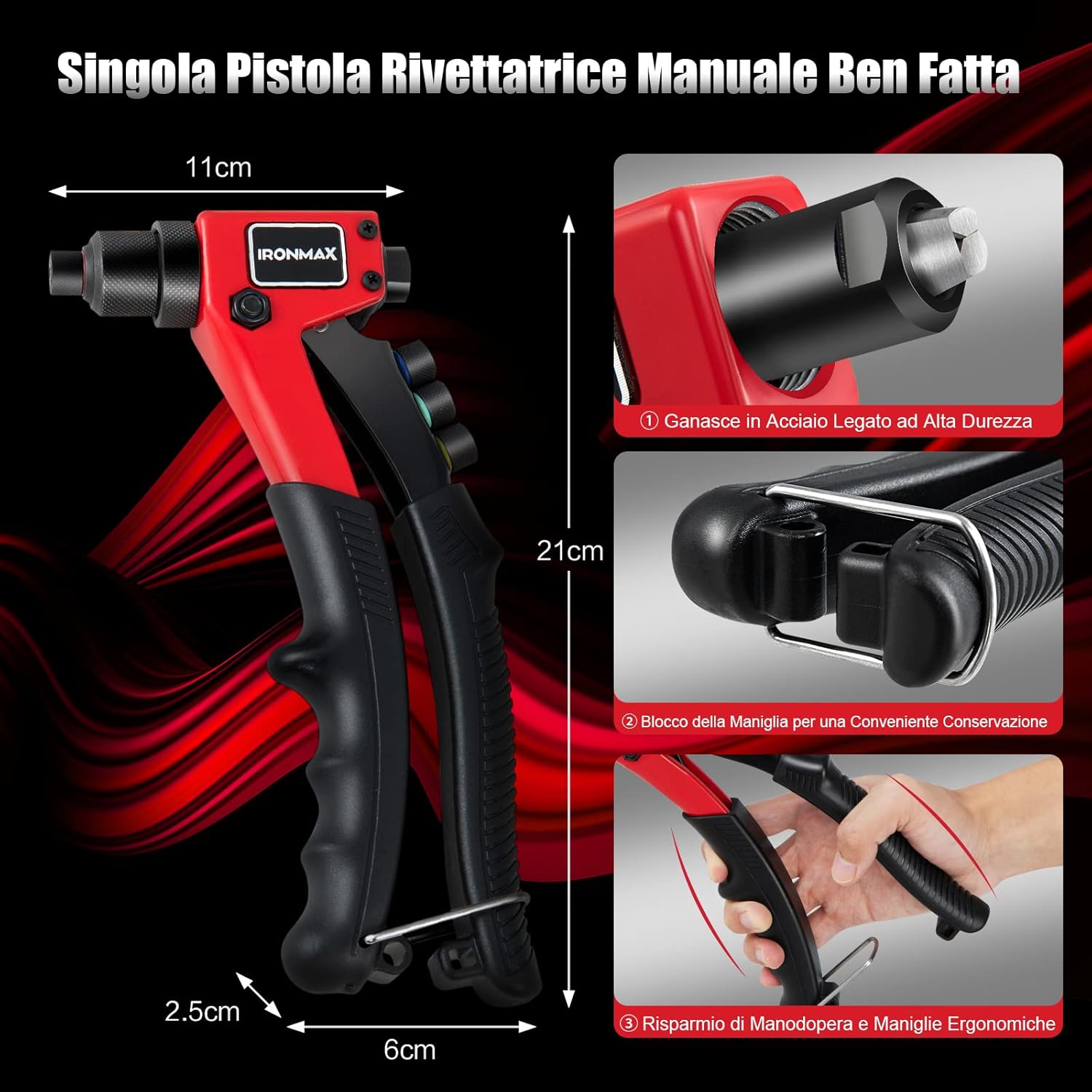 Rivettatrice Manuale con 4 Testa Intercambiabile, Pistola per Rivetti con 200 Pezzi Rivetti e Custodia per il Trasporto, per Automobili, Ferrovie, Mobili, Strumenti