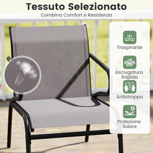 Set di 2 Sedie da Patio con Tessuto Traspirante e Struttura in Metallo, Sedie da Bistro da Esterno con Braccioli, Poltrona per Giardino Terrazza Portico, Portata 150 kg