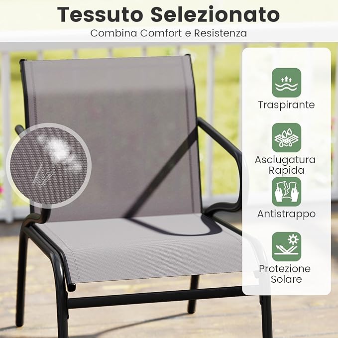 Set di 2 Sedie da Patio con Tessuto Traspirante e Struttura in Metallo, Sedie da Bistro da Esterno con Braccioli, Poltrona per Giardino Terrazza Portico, Portata 150 kg
