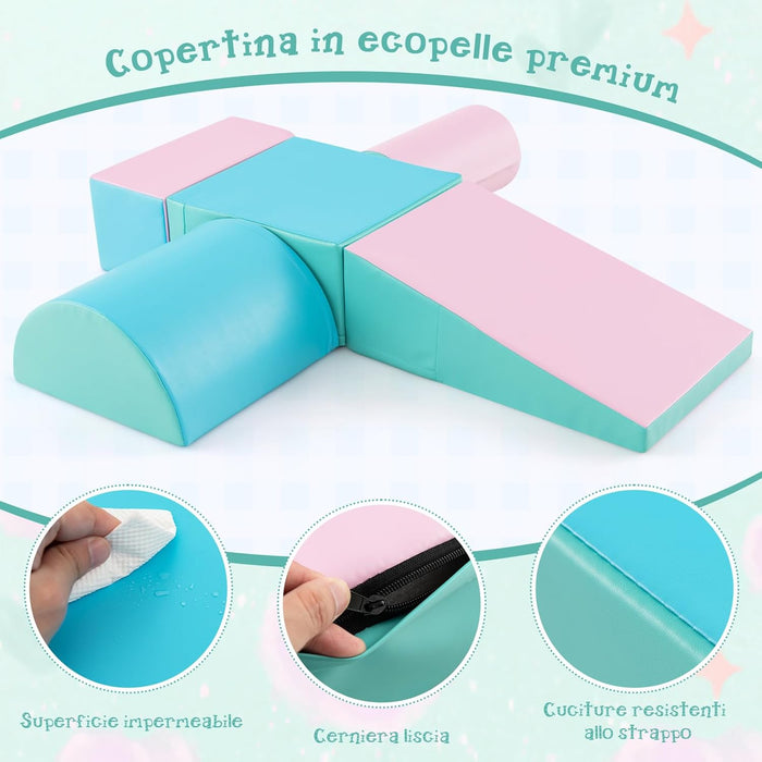 Set di 5 Blocchi con Diverse Forme e Colori, Giocattolo per Arrampicata e Strisciamento, Aiuta i Bambini a Crescere (Verde e rosa chiaro)