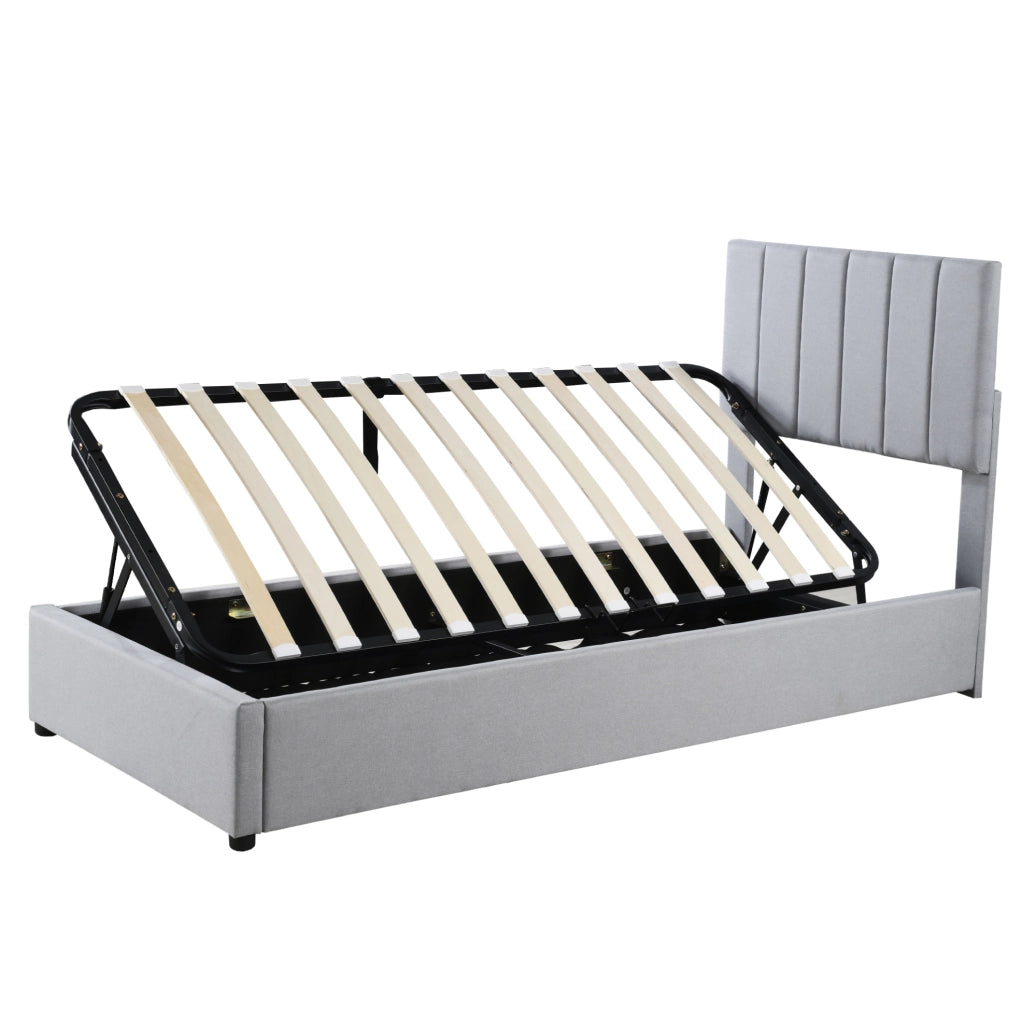 Letto contenitore 90x200 cm grigio in MDF, metallo e lino, senza materasso