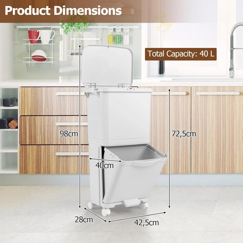 Pattumiera 2 Scomparti 40L, con Pedale, Ruote e Coperchio, Contenitore per Rifiuti Inclinabile, Sistema di Raccolta Differenziata per Cucina (40 L)