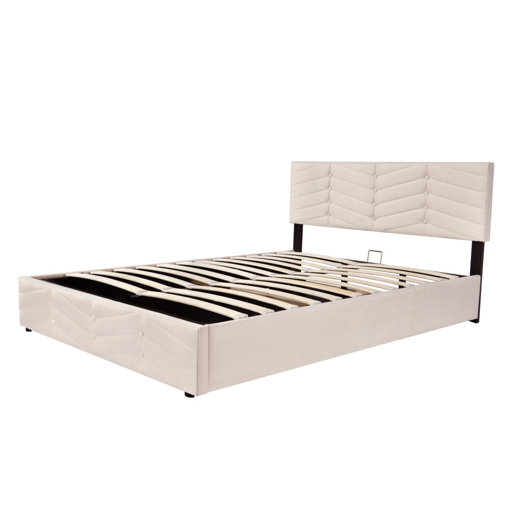 Letto imbottito 140x190 cm con rete a doghe e testiera regolabile in velluto beige