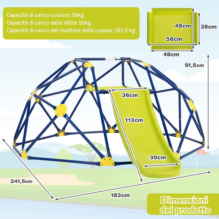 Cupola di Arrampicata, Struttura per Arrampicata con Scivolo, Capacità di Carico di 180 KG, per Bambini da 3 a 10 Anni, Ideale per Palestra, Cortile e Giardino (Stile 2 Verde)