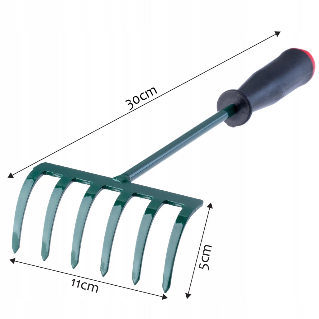 KADAX Piccolo rastrello in metallo per foglie, erba e giardino, 30 cm, 6 denti, manico