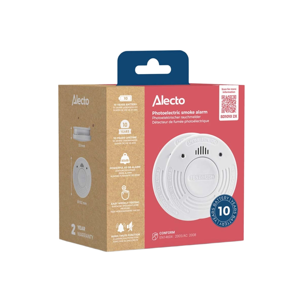 Confezione da 2 Rilevatori di Fumo Ottici da 85 dB con Pulsante di Test e Funzione Silenzio Bianco Alecto