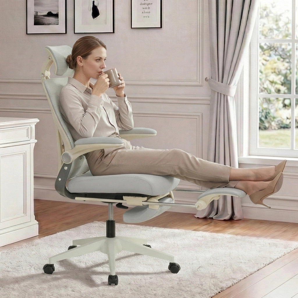 Sedia da ufficio ergonomica pieghevole con supporto lombare, poggiatesta 3D e funzione di inclinazione in schiuma grigio