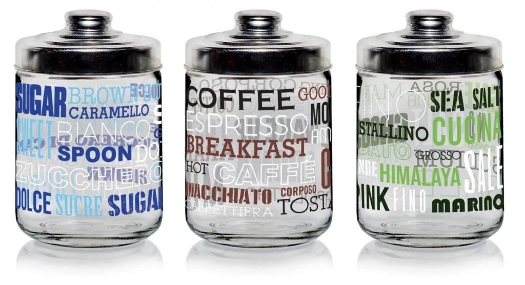 Set 3 Barattoli da Cucina in Vetro Writings Sale Zucchero Caffè
