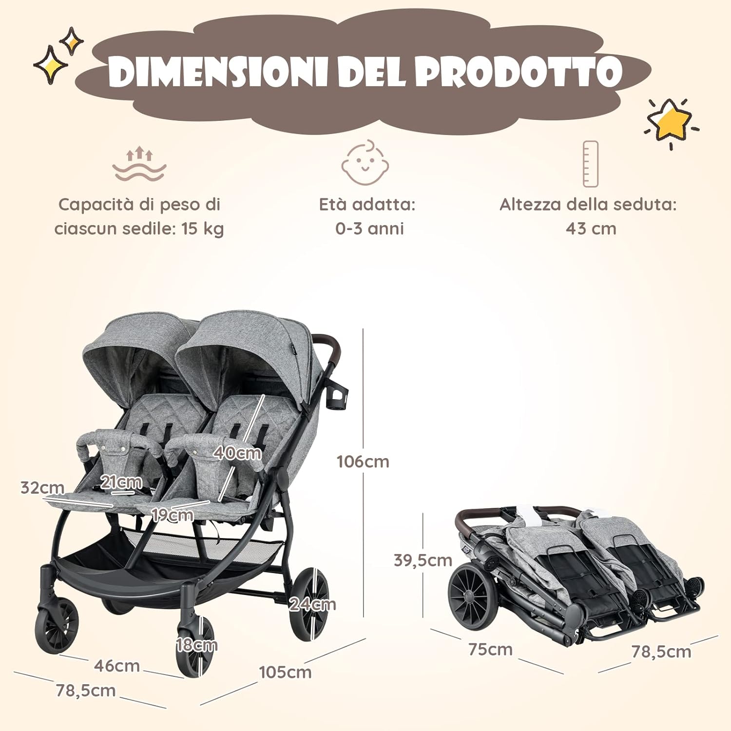 Passeggino Doppio Pieghevole per Bambini, Passeggino Portatile per Bambini con Schienale Regolabile, Cinture a 5 Punti, Poggiapiedi e Tettuccio, per Bambini 6-36 Mesi (Grigio Chiaro)