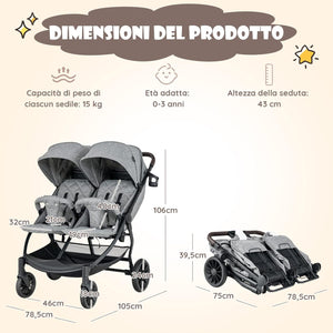 Passeggino Doppio Pieghevole per Bambini, Passeggino Portatile per Bambini con Schienale Regolabile, Cinture a 5 Punti, Poggiapiedi e Tettuccio, per Bambini 6-36 Mesi (Grigio Chiaro)