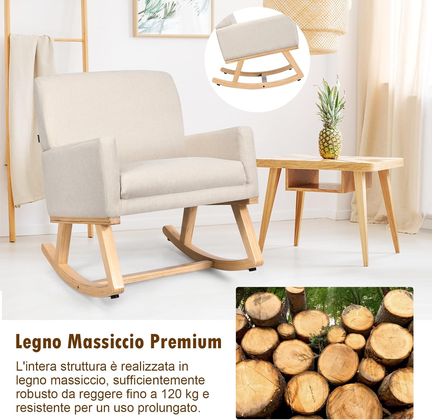 Poltrona a Dondolo, Poltrona a Dondolo Imbottita con Base in Legno Massello, Sedia a Dondolo Moderna per Soggiorno, Camera da Letto, Ufficio, Beige