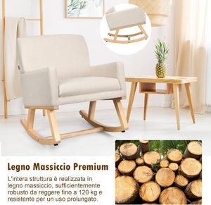 Poltrona a Dondolo, Poltrona a Dondolo Imbottita con Base in Legno Massello, Sedia a Dondolo Moderna per Soggiorno, Camera da Letto, Ufficio, Beige