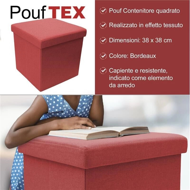 POUF LEA QUADRATO 38 X 38 CM IN COLORE BORDEAUX EFFETTO TESSUTO